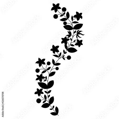 Blooming floral branch. Folk style. Illuminated manuscript motif. Black silhouette on white background.