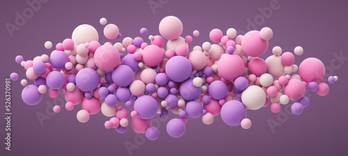 Pink and purple matte soft balls in different sizes. Abstract composition with colorful random flying spheres in pastel colors. Vector background