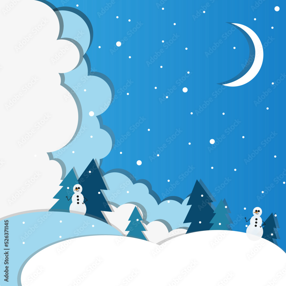 Winter landscape with christmas tree, snowman, clouds, moon and snow. Beautiful greeting card with winter landscape. Winter landscape with christmas tree, snowman, clouds, moon and snow. Beautiful greeting card with winter landscape.