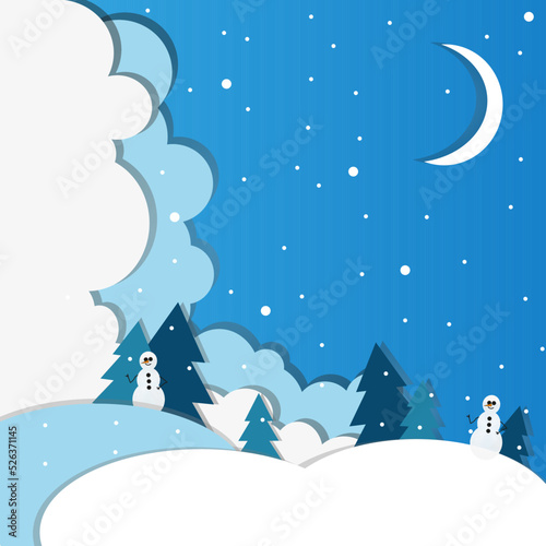 Winter landscape with christmas tree, snowman, clouds, moon and snow. Beautiful greeting card with winter landscape.