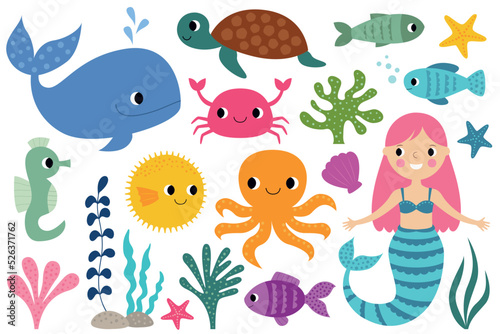 Poster Ocean life, vector cartoon set (underwater world, animals, plants  and cute mermaid) 