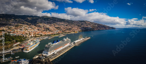 Panoramic aerial view on Funchal, Madeira, Portugal. October 2021. Aerial drone picture