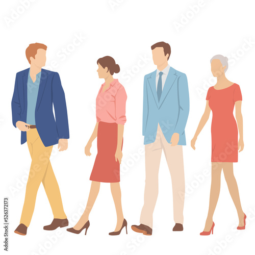  Set of young men and women, different colors, cartoon character, group of silhouettes of walking business people, students, the design concept of flat icon, isolated on white background