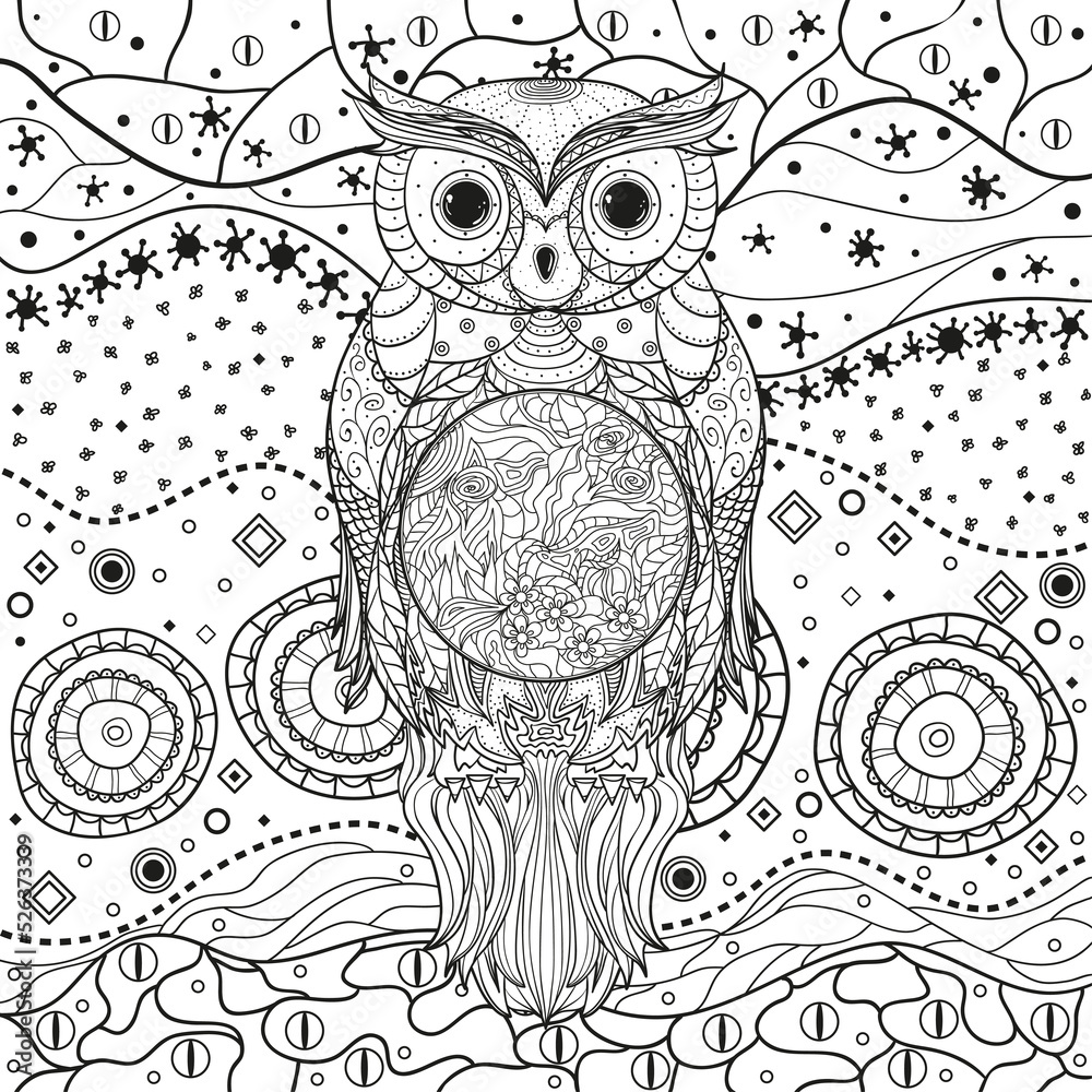 Fototapeta premium Mandala with owl on isolated white. Zentangle. Hand drawn abstract patterns on isolation background. Design for spiritual relaxation for adults. Black and white illustration for coloring