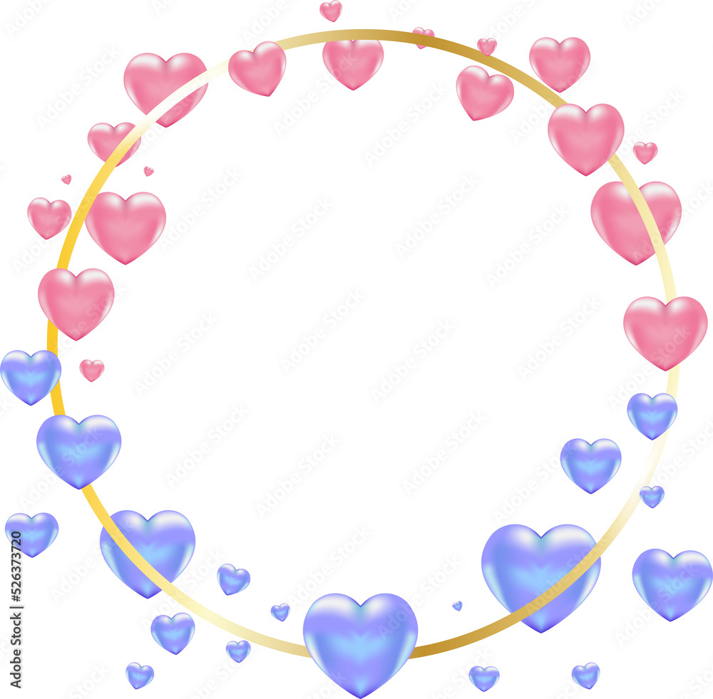 Golden circle frame with hearts for love, romantic, st valentine day, gender reveal party, lgbt pride, vip