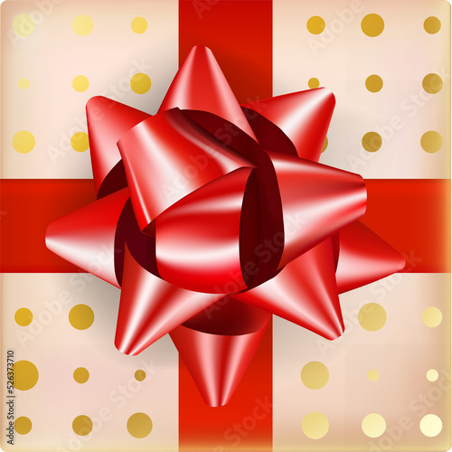 Beige present box top view with red ribbon and bow. Realistic gift presents view top.