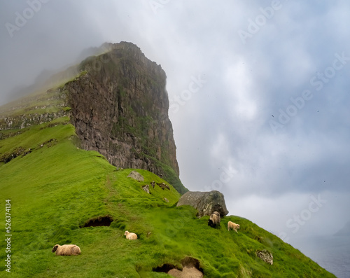The stunning cliffs of Kallur lighthouse on Kalsoy Island, northern Faroe Islands (Faroes, Faeroes, Føroya, Færøerne), Denmark.