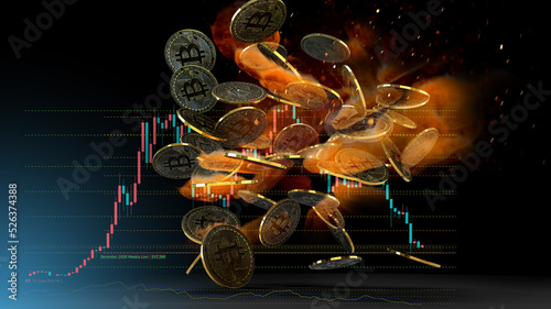 Disintegration of a BTC bitcoin token. Cryptocurrency collapse related conceptual 3D rendering