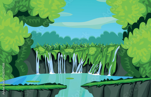 2D game background beautiful natural waterfalls in the middle of the forest