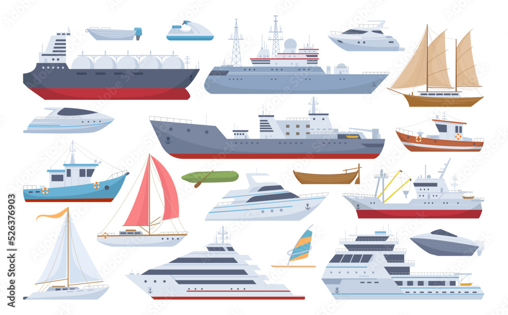 Cartoon sea ships, boats, yacht and cargo ship. Fishing boats, travel cruise and speed boat, water transportation flat vector illustrations set. Shipping boats collection Cartoon sea ships, boats, yacht and cargo ship. Fishing boats, travel cruise and speed boat, water transportation flat vector illustrations set. Shipping boats collection