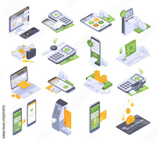 Isometric online banking payments, money transfer, mobile cashier. Secure mobile payments through electronic gadgets 3d vector illustration set. Online smartphone transactions