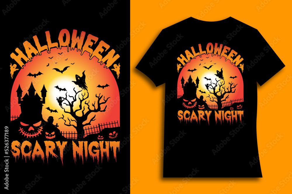 Halloween scary night T-shirt design. Typography, illustration, quotes, Halloween t-shirt design. Halloween party t-shirt. Halloween day t-shirt design.
