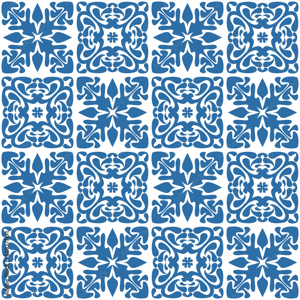Floral motif for ceramic tiles in Spanish Azulejo style, retro blue vector Illustration for design