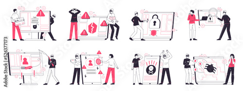 Cyber hacker attack, outline internet scam phishing. Online cyber crime, computer security, personal data protection flat vector illustration set. Internet fraud scenes