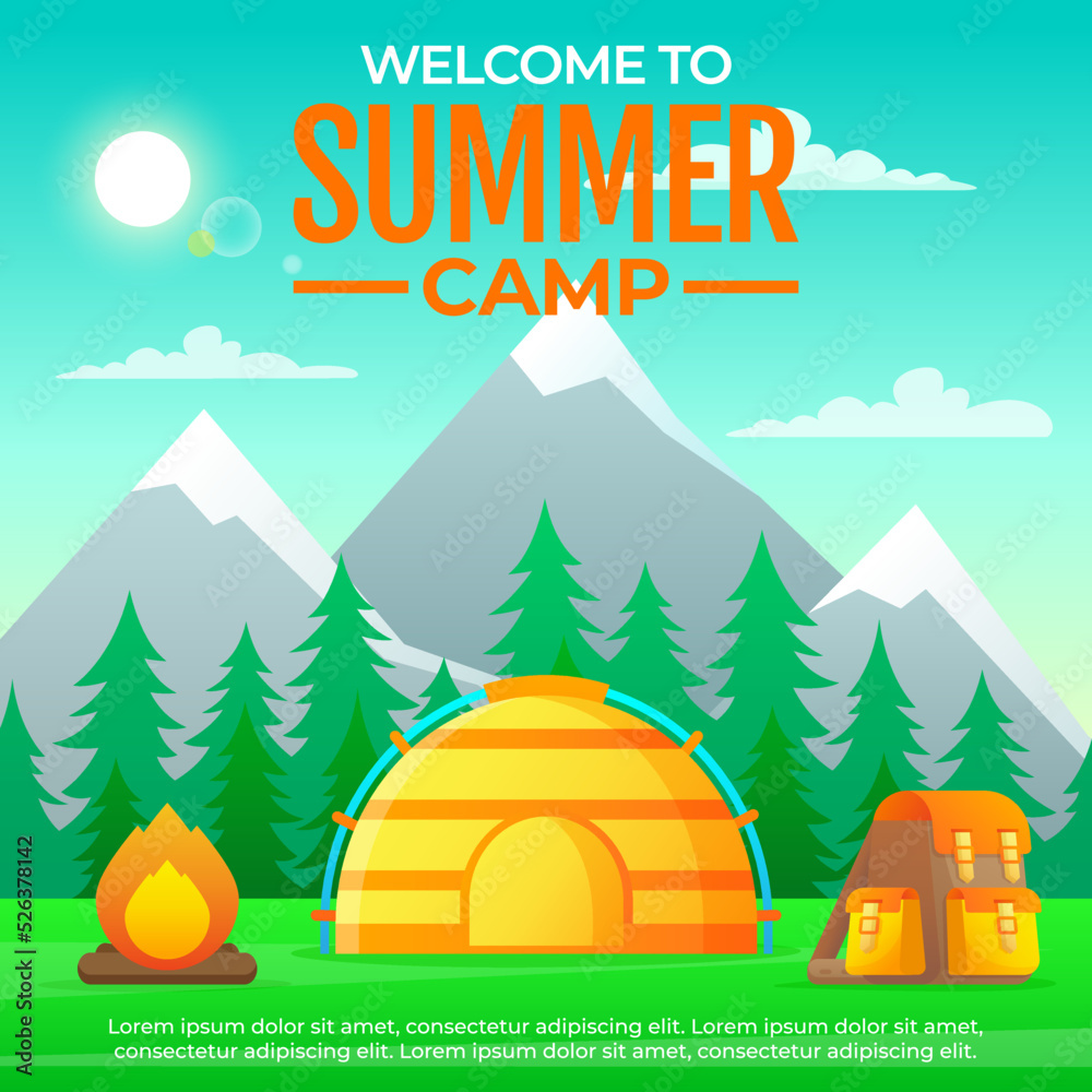 Summer camp poster. Summer travel illustration. Vector illustration