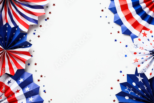 American flag color paper fans with confetti isolated on white background. USA Independence Day, American Labor day, Memorial Day, Columbus day concept