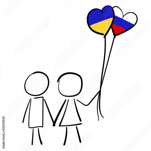 Ukrainian flag and Russian flag. The girl is holding balloons. The concept of peace in Ukraine. Vector illustration.