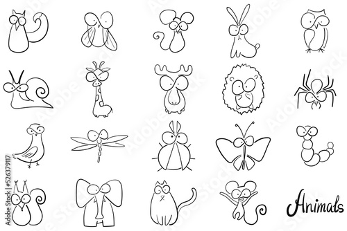 Set of vector animals. Doodle style. Various animals drawn by line.