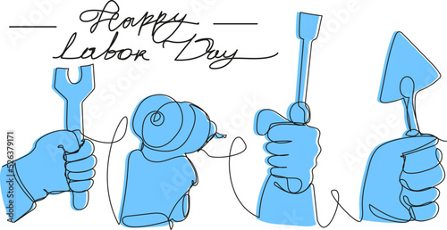 Hands of workers in one line with colored silhouette. Set with wrench, screwdriver, screwdriver, spatula. Happy Labor Day. Stock vector graphics for workers day.