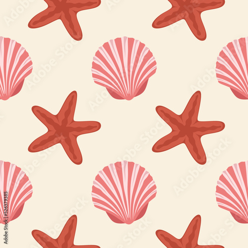 Seashells Seamless pattern. Composition of scallop and starfish background.  Seashells pattern on Sand backdrop background. Exotic beach shellfish, clamshell. Vector illustration