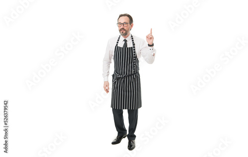 i know what you would like. catering business. confident chef in apron. mature male cook isolated on white. bearded man baker in glasses. cooking in kitchen. creative ideas in culinary buainess photo