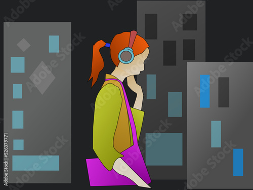 woman walk in the city center in the evening