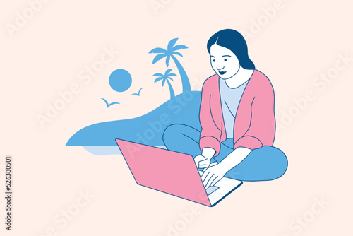 Illustrations of Beautiful digital nomad woman enjoy working with laptop on the beach design concept