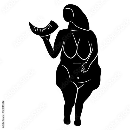 Venus of Laussel. Upper Paleolithic fertility goddess. Fat prehistoric woman holding horn. Limestone relief from Dordogne, France. Great Mother archetype. Black and white negative vector silhouette.