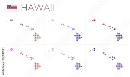 Hawaii dotted map set. Map of Hawaii in dotted style. Borders of the island filled with beautiful smooth gradient circles. Stylish vector illustration.