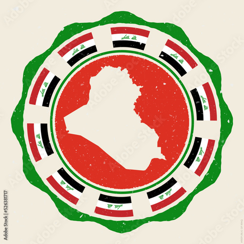 Republic of Iraq vintage sign. Grunge round logo with map and flags of Republic of Iraq. Authentic vector illustration.