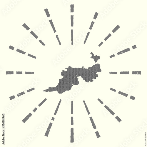 Guana Island Logo. Grunge sunburst poster with map of the island. Shape of Guana Island filled with hex digits with sunburst rays around. Beautiful vector illustration.