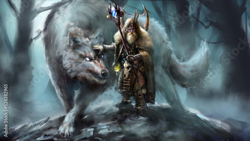 Photos The Viking shaman summoned a huge dire wolf, he has many amulets and talismans on him, he himself is dressed in skins