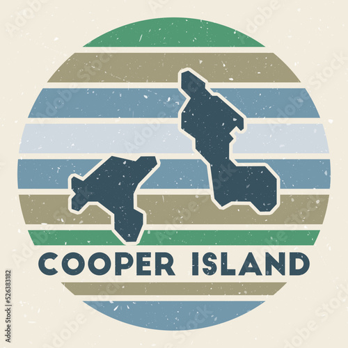 Cooper Island logo. Sign with the map of island and colored stripes, vector illustration. Can be used as insignia, logotype, label, sticker or badge of the Cooper Island.