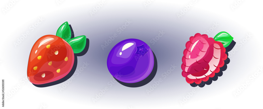 Collection of 3D illustrations of berries for game prizes. Realistic strawberry, blueberry and raspberry on a dark background. Vector illustration Collection of 3D illustrations of berries for game prizes. Realistic strawberry, blueberry and raspberry on a dark background. Vector illustration