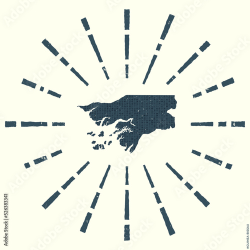 Guinea-Bissau Logo. Grunge sunburst poster with map of the country. Shape of Guinea-Bissau filled with hex digits with sunburst rays around. Appealing vector illustration.
