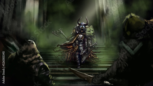 The viking dead draugr came out of the crypt to fight against the treasure seekers, he has two axes and heavy armor. Digital drawing style, 2D illustration photo