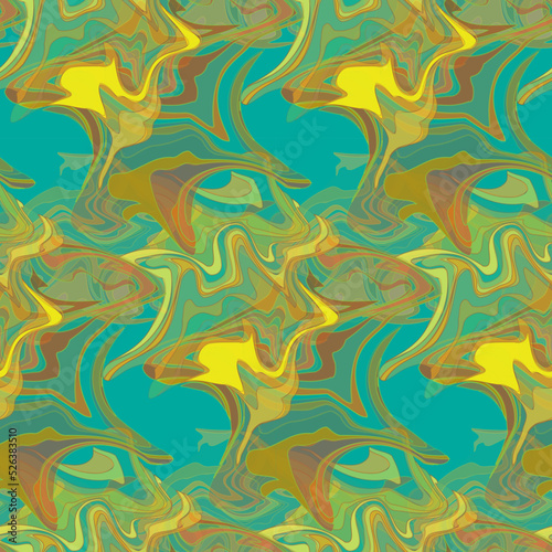 Colorful abstract psychedelic seamless pattern. Turquoise, orange, yellow, blue liquid fluid shapes. Bright fantasy background