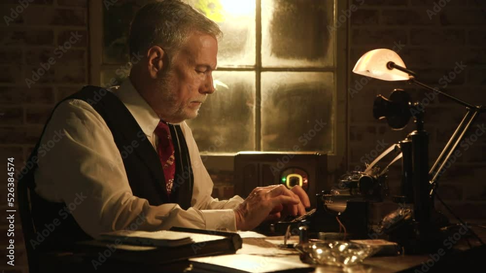 1040s noir bookkeeper typing a letter on his typewriter