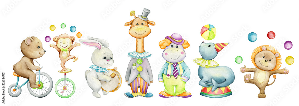 cute animals, costumes. Watercolor set, animals, cartoon style, on an isolated background.
