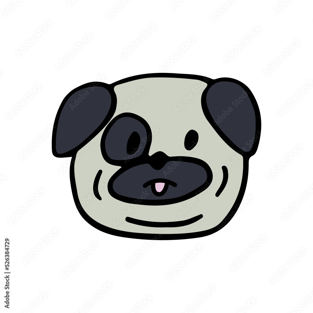 Funny puppy cartoon character doodle. Cute dog of pug breed line art. Nice happy pet isolated on white background. Hand drawn vector illustration in cartoon style.