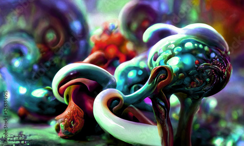 Alien fractals and fungus, digital oil painting, abstract. 