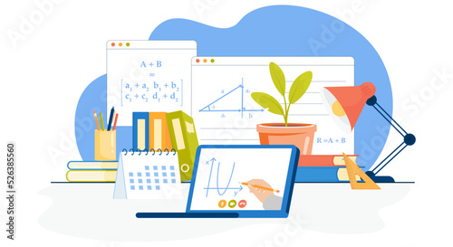 Distance learning.Laptop and windows frame with formulas. Students desk with calendar, folders, books, lamp, pensils, plant. Illustration for landing. Back to school