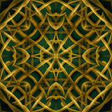 Digital computer generated illustration of a dark green fabric textile with golden embroidered repetitive Celtic style vintage pattern