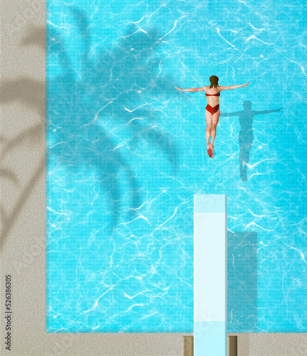 A girl is seen from overhead diving into a swimming pool as a palm tree casts a shadow on the water. This is a 3-d illustration.