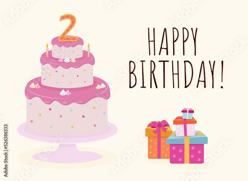 Greeting card with Happy Birthday inscription  cute cake and gift boxes 2 years