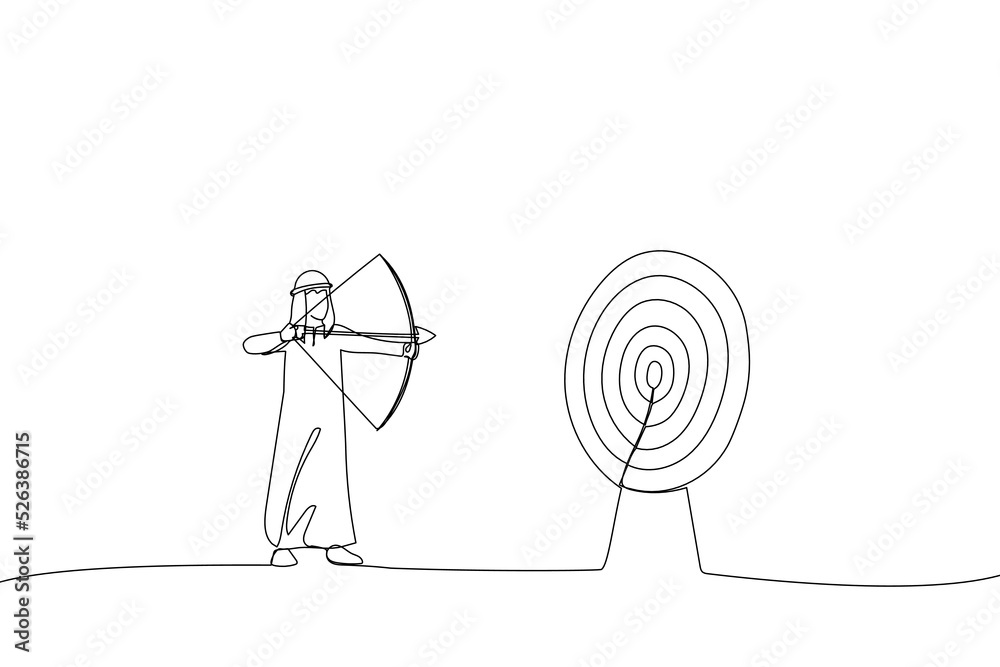 Naklejka premium Drawing of successful arab businessman aiming target with bow and arrow. Single line art style