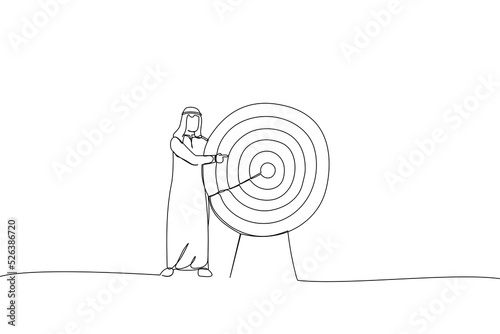 Illustration of arab businessman pointing to the big target. One line style art