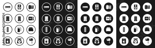 Set Telephone, Double boiler, Air conditioner, TV box receiver and player with remote controller, Stereo speaker, Toaster toasts and icon. Vector