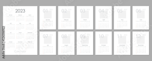 Monthly vertical wall calendar 2023 design tamplate black, grey, red and white colors. Sunday start annual calendar. Set of 12 months. Cover A4 A3 A2 A5