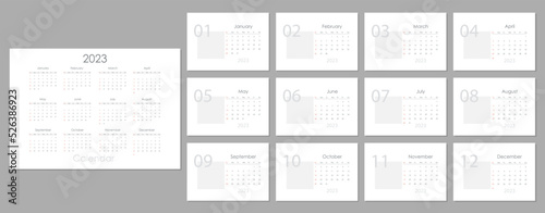 Monthly horizontal wall calendar 2023 design tamplate black, grey, red and white colors. Sunday start annual calendar. Set of 12 months. Cover A4 A3 A2 A5
